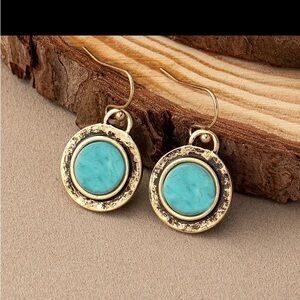 Vintage Round Shape Turquoise Inlaid Dangle Earrings Retro Simple Style